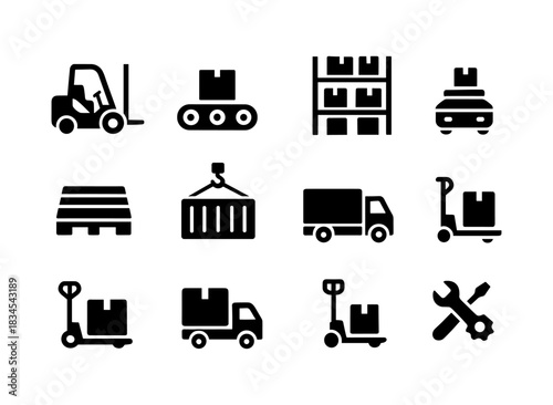Icon set of warehouse and logistics elements for efficient supply chain management