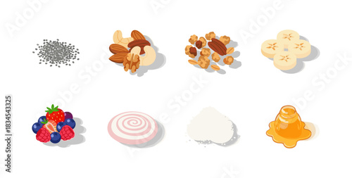 Healthy toppings set with nuts and fruits in isometric style
