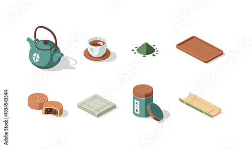 Isometric japanese tea ceremony elements set with teapot and cups