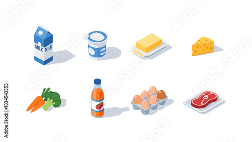 Isometric dairy and grocery icons: milk, yogurt, butter, cheese, vegetables, juice, eggs, steak