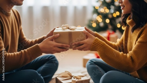 Man giving a gift box to a woman during Christmas or New Year celebration. Holiday present exchange gesture of love and appreciation. Festive occasion concept.