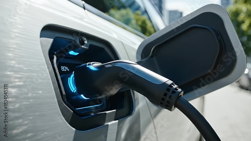 Electric Vehicle Charging Station with Digital Interface and Percentage Display in Urban Setting