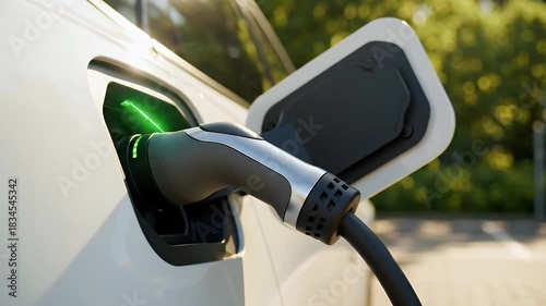 Electric Vehicle Charging Plugged Into Station Amid Lush Greenery in Modern Urban Environment