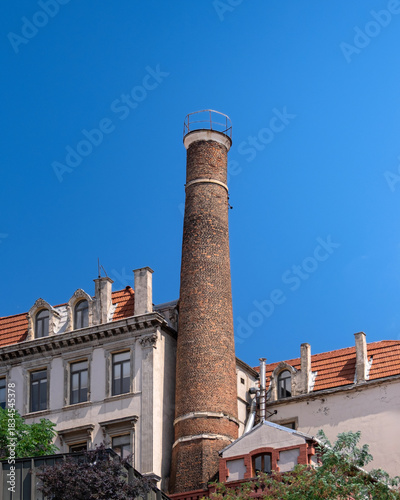 Old factory chimney. Historic subway called tunnel. Istanbul, Galata, Beyoglu, Turkey.