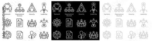 Corporate Structure and Teamwork Icon Set: Minimal line icons illustrating company hierarchy, communication, and teamwork concepts useful for presentations, websites, and business reports.
