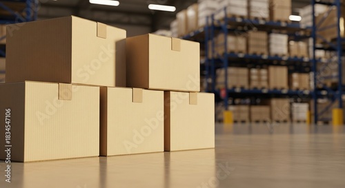 Pila de cajas de cartón cerradas en el suelo de un almacén logístico moderno con estanterías desenfocadas al fondo