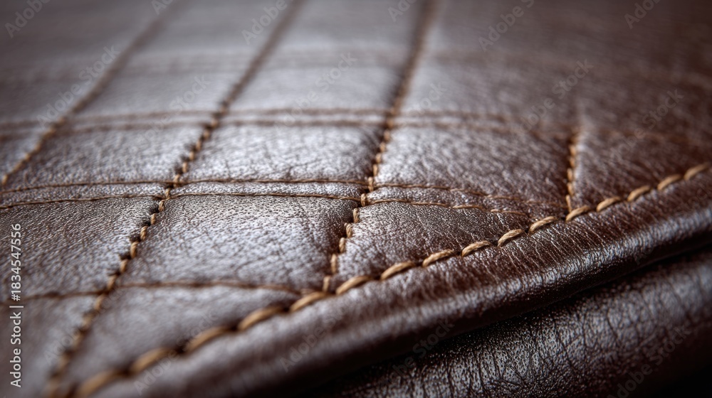 Naklejka premium Close-Up View of Brown Leather Texture with Stitches and Quilted Pattern Featuring Detailed Grain and Surface Characteristics