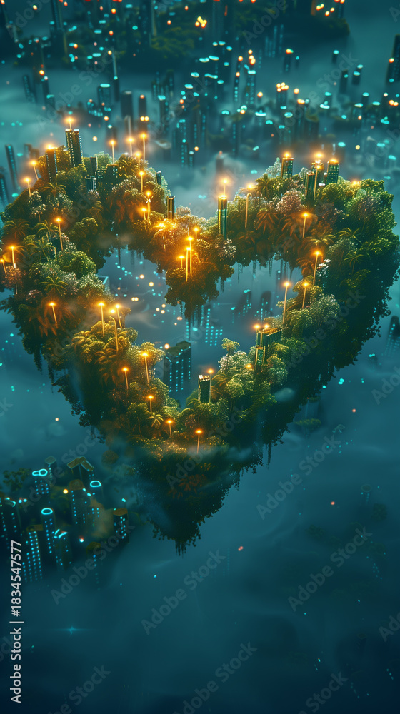 Fototapeta premium Aerial view of a futuristic city at night with a massive heart-shaped floating island covered in lush greenery and illuminated buildings.