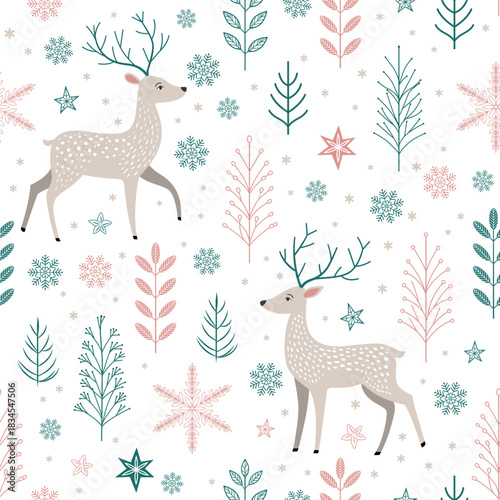 Seamless vector pattern in Scandinavian style featuring minimalist reindeer, snowflakes, and stars. Soft, cozy color scheme. Flat vector, repeating tile, no outlines, for packAdobe Illustrator Artwork