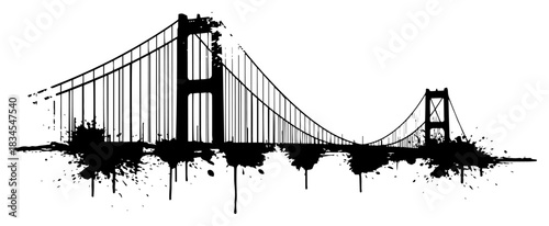 Grunge suspension bridge silhouette illustration featuring ink splatters and dirty brush texture effects