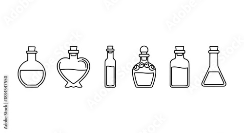 Set of six different outline bottles with stoppers