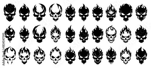 Set Of Flaming Skull Icons Vector Illustration Collection Of Aggressive Fire Heads And Burning Bones For Tattoo Or Biker Design
