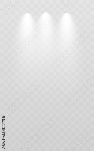 Realistic white stage spotlights shining from both sides, creating soft beams and a bright illuminated center on a transparent background. Perfect for show, presentation, or event design.
