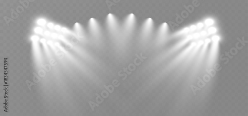 Realistic white stage spotlights shining from both sides, creating soft beams and a bright illuminated center on a transparent background. Perfect for show, presentation, or event design.
