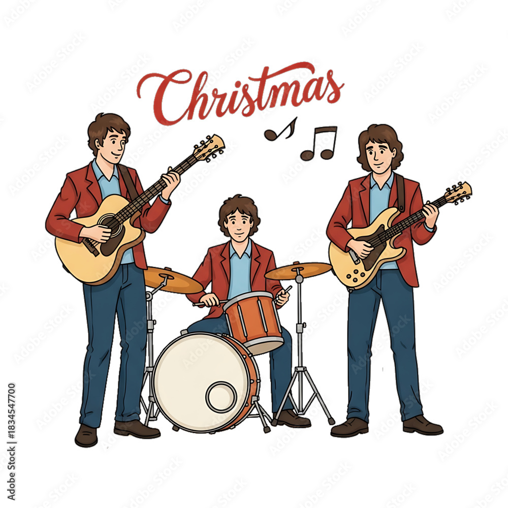 Fototapeta premium A Christmas band playing guitars and drums during a festive performance.