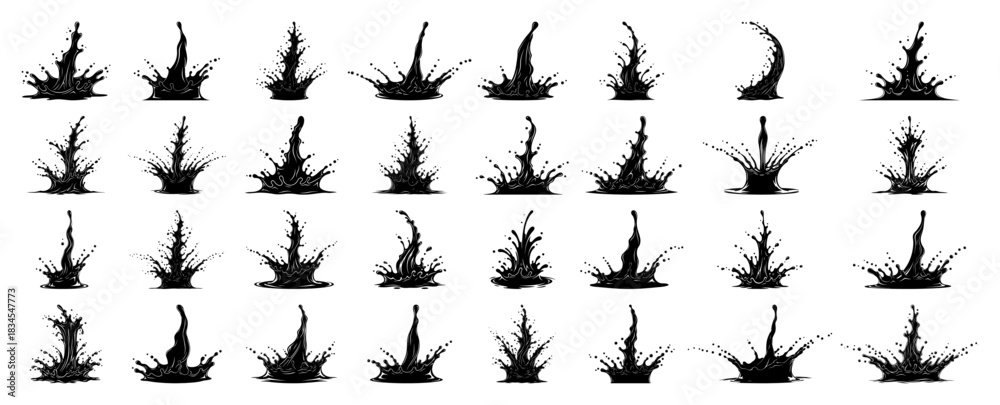 Fototapeta premium Large set of water splash silhouettes and liquid drop crowns suitable for ink or milk splatter designs