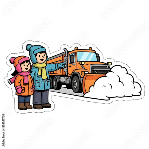 Kids standing near a snowplow pushing fresh snow aside.