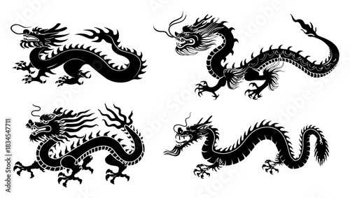 Set Of Traditional Chinese Dragon Silhouettes Vector Illustration Mythological Asian Creatures And Fantasy Beasts In Black And White Style