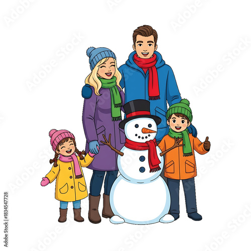 A family posing happily with a snowman on a snowy day.