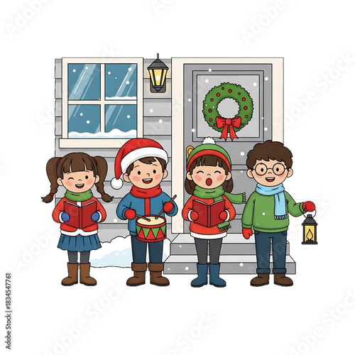 Children dressed for winter singing carols outside a decorated house.