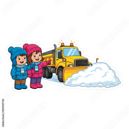 Two children watching a snowplow clearing a snowy road.