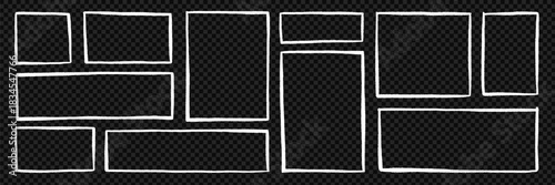 Chalk Frames and text boxes doodle set. Rectangle and square shapes, grunge crayon borders in sketch style. Hand drawn vector illustration isolated on black background