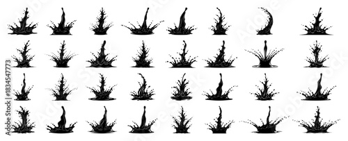 Large set of water splash silhouettes and liquid drop crowns suitable for ink or milk splatter designs