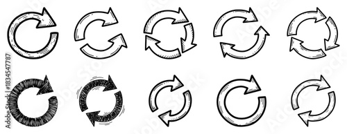 Set of hand drawn recycle and refresh arrows featuring circular loop and reload symbols in sketch style