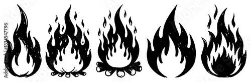 Collection of vintage style fire flame silhouettes including campfires and bonfires in grunge ink style