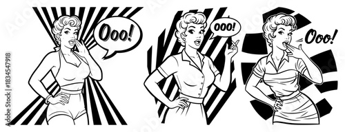 Set Of Three Pop Art Women Vector Illustration Retro Comic Style Blonde Lady In Various Poses With Speech Bubbles And Geometric Backgrounds