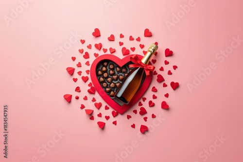 Chocolates And Champagne Romance. Valentine Luxury Setting. Heart Paper Top view Scene.