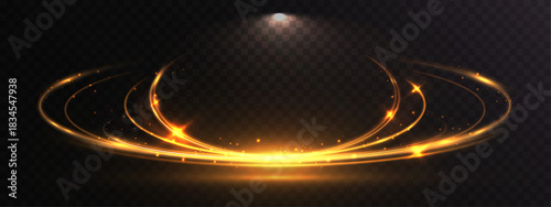 Golden swirling light trails forming a glowing elliptical motion above a soft spotlight, creating a podium-like presentation shape on a dark transparent background.