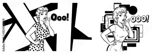 Surprised Pop Art Woman Vector Illustration Retro Comic Style Lady Shouting And Whispering Ooo In Black And White