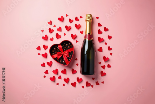 Luxury Valentine Chocolate Set. Champagne Romance Scene. Heart Decor Top view.