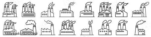 Factory and industrial building line icons set featuring manufacturing plants power stations and refineries with smoking chimneys