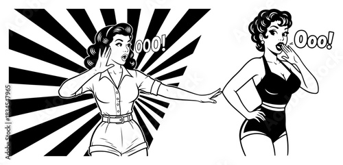 Two Retro Pop Art Women Vector Illustration In Black And White Comic Style Girls Shouting And Whispering With Sunburst Background