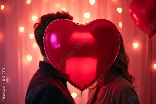 Romantic Balloon Kiss Scene. Heart Balloon Couple. Valentine Playful Moment.