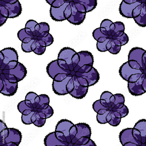 Seamless pattern of purple abstract flowers in decorative modern style on white background. Ideal for textiles, wallpaper, packaging, branding, printing and creative digital projects.