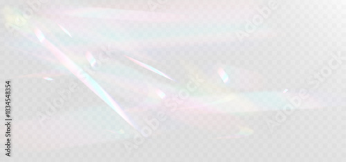 Soft iridescent light reflections with pastel rainbow highlights on a transparent background, creating a delicate holographic glow and abstract shimmering texture.
