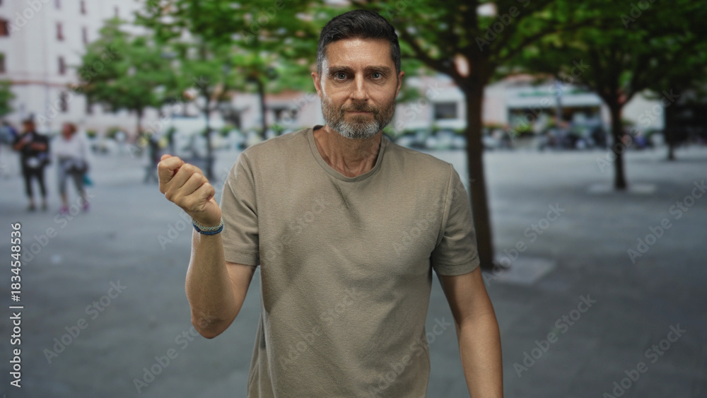 Naklejka premium Man points finger forward with bare hand in urban street plaza near trees and benches;determination accountability.