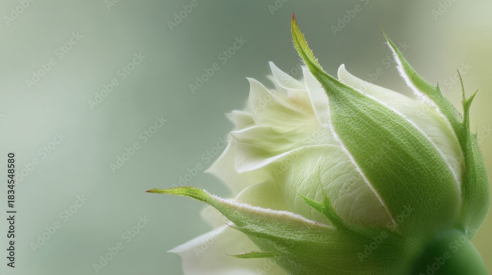 Obraz premium Delicate Green Rosebud with Elegant Petals Surrounded by Soft Focus Background, Symbolizing New Beginnings and Nature's Beauty in Close-Up Photography
