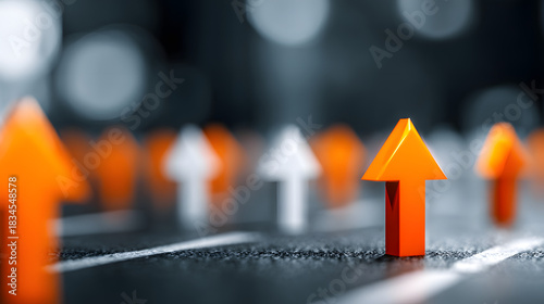 Orange arrows stand out amongst white arrows, symbolizing leadership and exceeding expectations in a business setting.