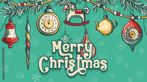 Festive vintage Christmas banner featuring retro ornaments, a rocking horse, clock, teapot, bell, and snowflakes hanging from pine branches on a teal background. Ideal for holiday projects.