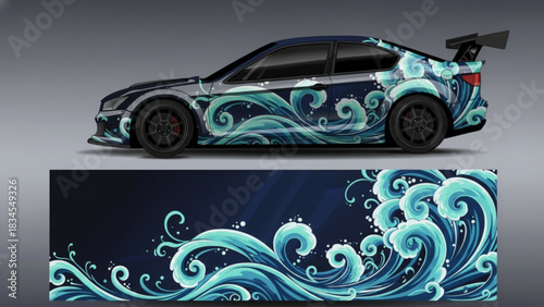 Custom car wrap design with abstract geometric shapes in vibrant colors.