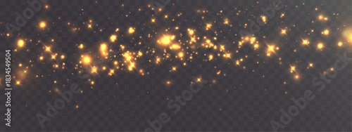 Golden magic dust trail with glowing sparks and shimmering particles on a transparent background. Perfect for festive designs, highlights, celebration effects, and decorative accents.
