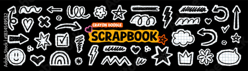 Scrapbook crayon kids scribble shapes, brush lines doodle set. Pencil cutout elements, check mark, arrows, stars and hearts in sketch style. Hand drawn vector illustration isolated on black background