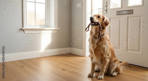 Golden retriever dog patiently sitting by front door with leash in mouth, eager for a walk, for pet daily routine concept and loyal companionship