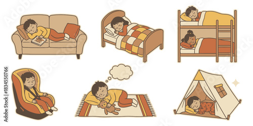 Sleeping kids.Cute bedtime illustration