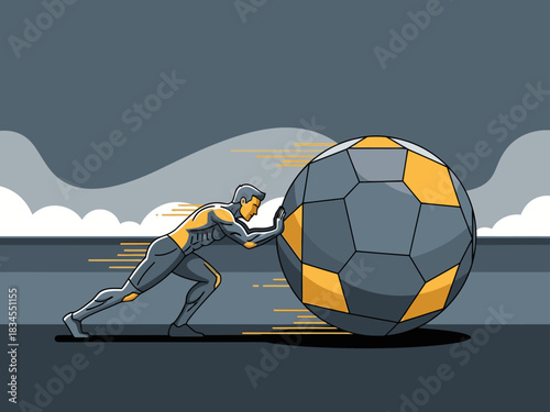 A determined man pushes a giant soccer ball, symbolizing overcoming challenges and achieving goals. Dynamic illustration with a modern, motivational style. Great for business and fitness themes.