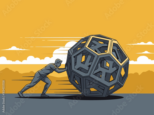 A determined man pushes a complex, geometric sphere across a desert landscape. The vibrant sunset backdrop emphasizes his effort and ambition. ?Push Your Limits? text overlay.